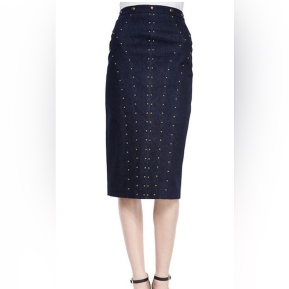 Tamara Mellon indigo denim Blue Jeans metal stud Pencil long Skirt size 2 - Picture 1 of 7